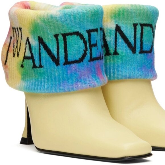 JW Anderson Shoes - JW Anderson Yellow Foldover Heels Lemon Calfskin Multicolor Knit Cuff